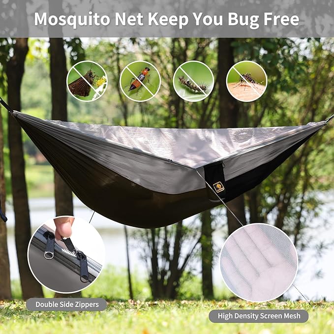 Camping Hammock Portable Hammocks with Mosquito NetLightweight Nylon Parachute Hammock with 10ft Tree StrapsCamping Gear Must Haves for Travel Hiking Backpacking Beach Patio-Black&ampGrey