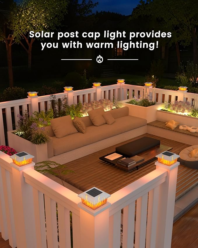 VOLISUN Solar Fence Post Lights 12pack White Solar Deck Post Cap Flame Light Outdoor Waterproof High Brightness Flickering Flame SMD LED Lighting for 4x4 Wooden/4x4 5x5 Vinyl Post