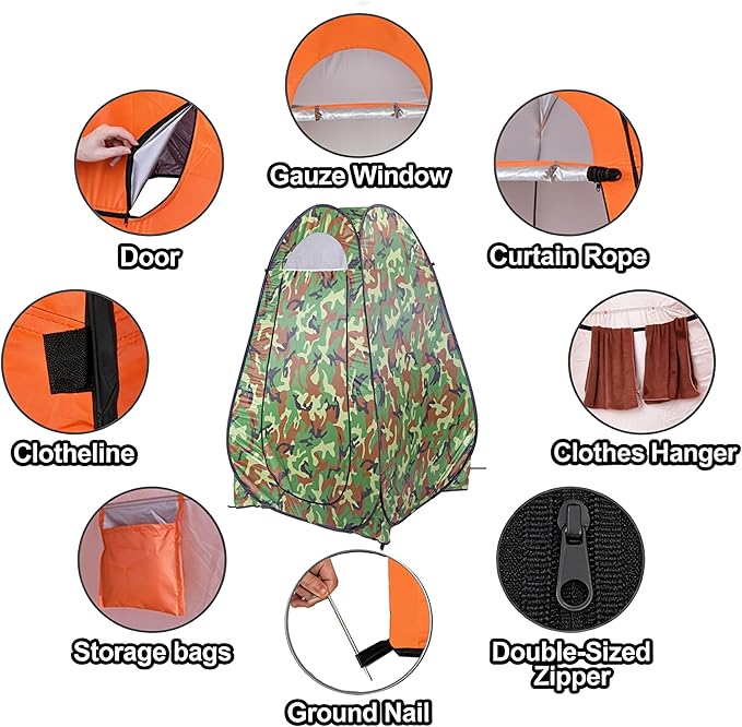 4x4ft Pop Up Privacy Shower Tent with Top Window 3.6lbs Liightweight Dressing Room Portable Toilet Stall with Carry Bag for Camping Beach Outdoors (Camouflage)
