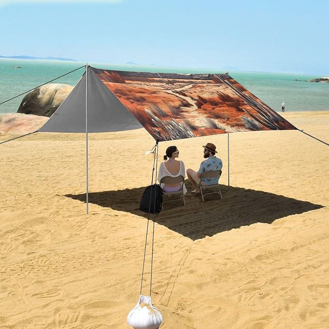 Cactus Desert Landscape Beach Tent Sun Shelter 9.2' x 10.5' Beach Canopy with 4 Sandbags 4 Stability Poles Sand Shovels - Tent Canopy for Beach Camping Fishing Picnics