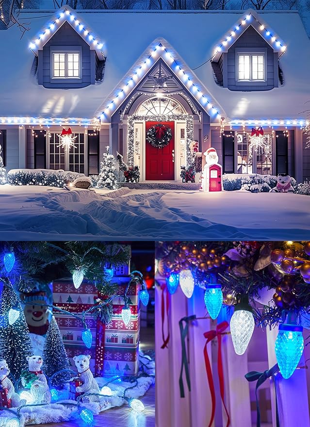 2 Pack C9 LED Christmas String Lights - Each 82ft 100 LED Outdoor String Lights with Timer and 8 Lighting Modes Plug in Extendable Roofline Lights String for Outside Yard Christmas Holiday Decor