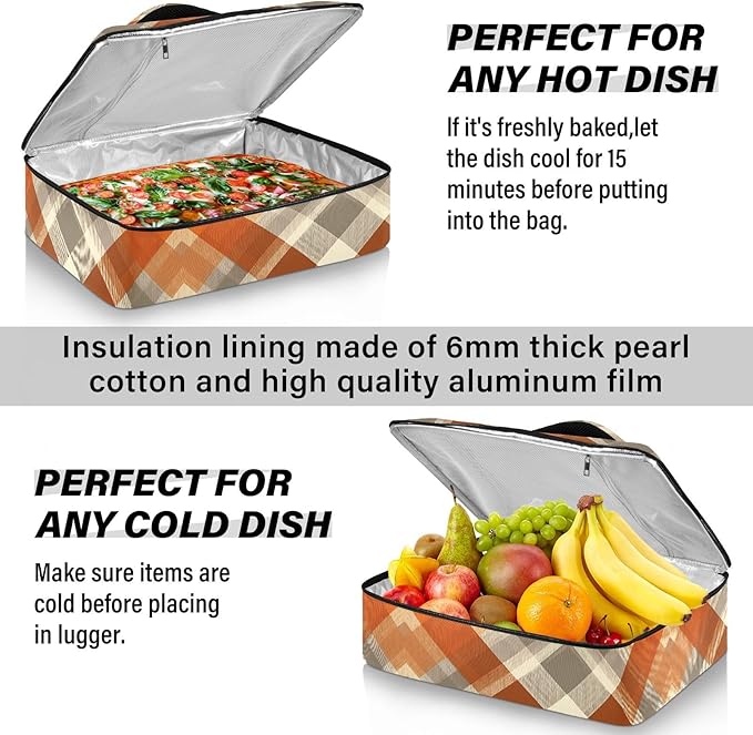 Casserole Carrier Orange Brown Tartan Pattern Insulated Casserole Carrier for Hot or Cold Food Thermal Lunch Tote for Parties Picnic Travel Carry Bag