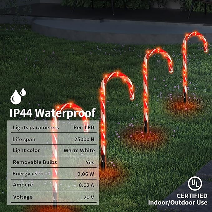 Christmas Candy Cane Lights - 16 inch Set of 12 Pcs Christmas Candy Cane Pathway Markers Lights Outdoor Walkway Lighting with Stakes for Yard Lawn Sidewalk Driveway 20 Feet