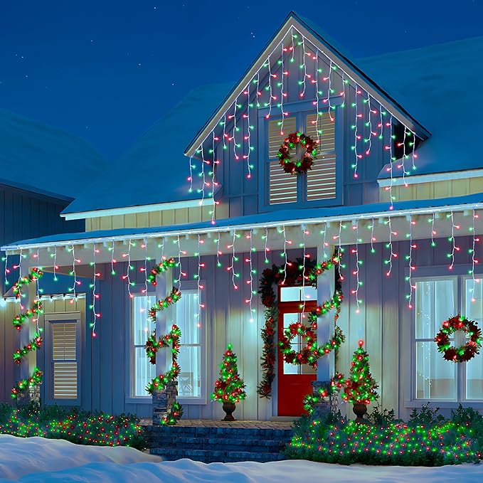 Toodour Red &amp Green Christmas Icicle Lights 29.5ft 360 LED Icicle Lights 8 Modes 60 Drops Window Curtain Led Christmas Light Icicle Twinkle Light for Eaves Party Wedding Xmas Decorations
