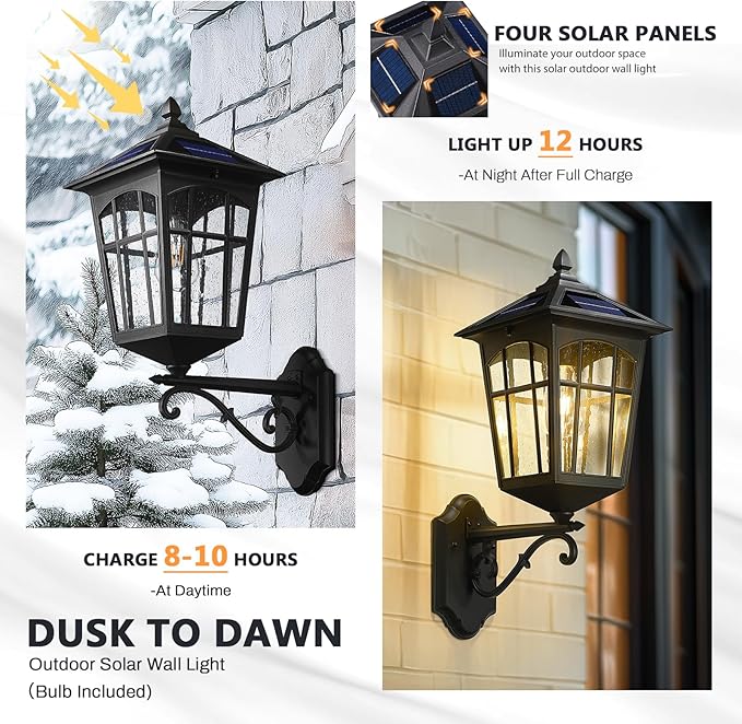 zeyu Solar Outdoor Front Porch Light Large Outdoor Wall Mounted Light with Remote Die-Cast Aluminum with Seeded Glass Shade Black Finish ZYX113B-M SL BK