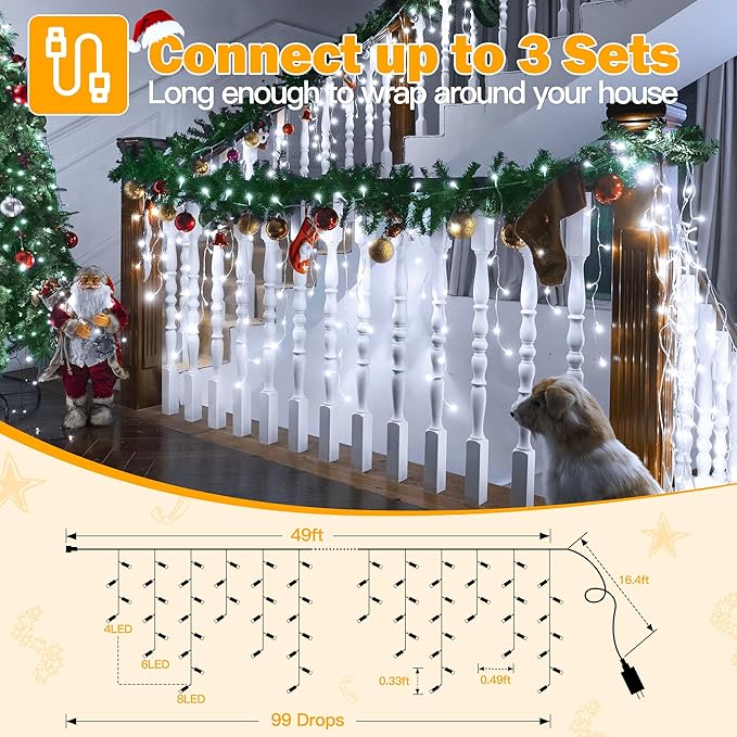 Ollny Icicle Lights Outdoor Cool White 600LED 49FT Christmas Lights with Remote 8 Modes Dimmable Waterproof Connectable Timer Hanging Light for House Outside Yard Indoor Decorations