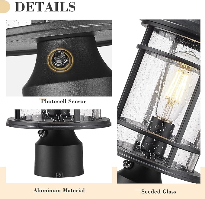 Emliviar 14.9 Inch Dusk to Dawn Outdoor Lamp Post Light Black Pole Light Fixture with Photocell Sensor Outdoor Post Lantern with Seeded Glass Shade XE229P PC BK