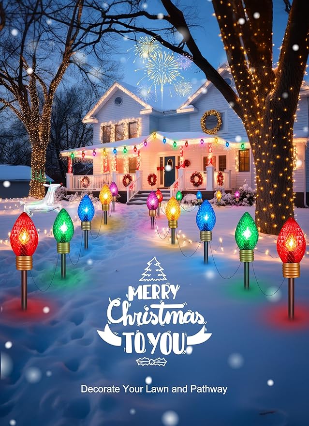 Strawberry Jumbo C9 Christmas Pathway Lights Outdoor - 2 Pack Total 17 Feet 10 LED C9 Christmas Light C7 Light Covered Jumbo Bulb Christma Lights Outdoor Decorations for Yard Lawn Holiday Outside