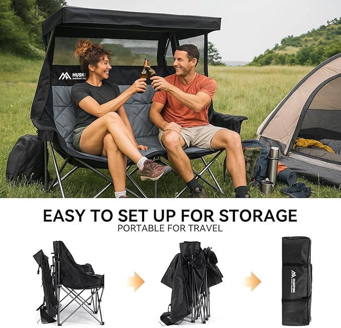 Double Camping Chair with Canopy Shade Folding Double Beach Chair with Adjustable Canopy Heavy Duty Loveseat Camping Chair with Two Cup Holders and Carry Bag for Outside Beach Fishing Sports