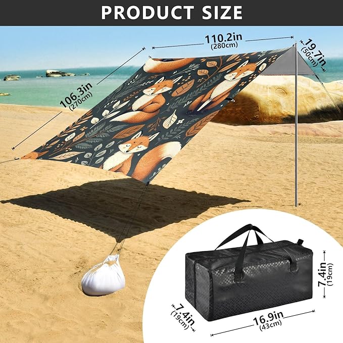 Beach Tent Sun Shelter Foxes with Eyes Closed Lightweight &amp Easy Setup Beach Shade Canopy for Camping Fishing