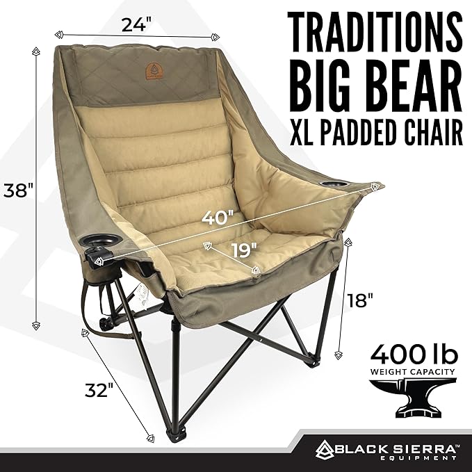 Black Sierra Deluxe Padded Camping Chair for Sports &amp Outdoors Oversize XL Outdoor Folding Chair Supports 400 lbs Heavy Duty Seat w/Dual Cup Holders/Carry Bag Perfect for RV Tailgating Glampin