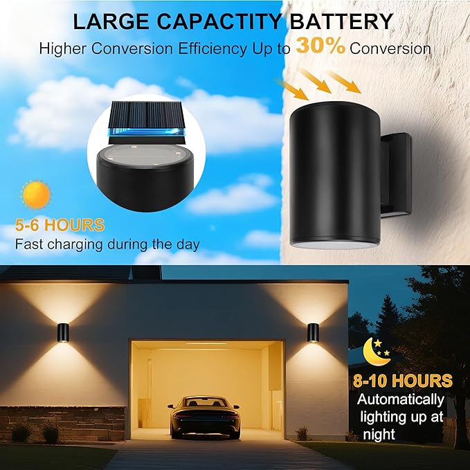 pearlstar 2 Pack Solar Wall Lights OutdoorSolar Sconce Lights Up and Down Lighting Solar Fence LightsIP65 Waterproof Exterior Light for Yard Backyard Garage Porch Patio Door