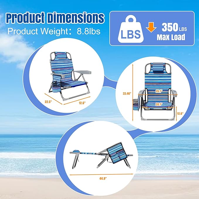 Lightweight Portable Beach Chair for Adults 350 LBS Capacity Backpack Beach Chair Reclining Beach Chair with 5-Position Lay Flat Large Cup Holder for Beach Camping Sports
