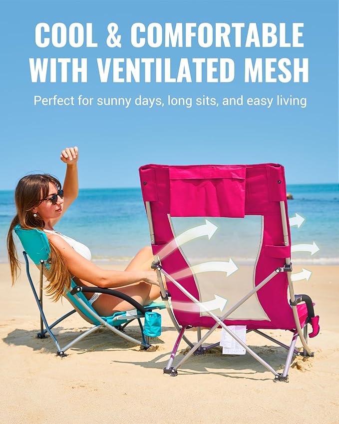 KingCamp Low Beach Chair High Back Folding Camping Chair for Adults Oversized Breathable Mesh Seat 300lbs Heavy Duty Portable Chair with Cup Holder &amp Storage Pockets for Beach Outdoor