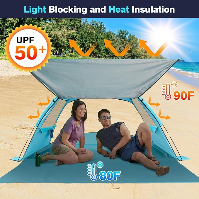 DLUCKY Beach Tent for 1/2/3/4/5/6 PersonAnti-UV Portable Sun Shade ShelterUPF 50+Both Sides Extendable FloorExtendable Awningwith 2 Ventilating Mesh WindowsLightweight &amp Easy Setup.