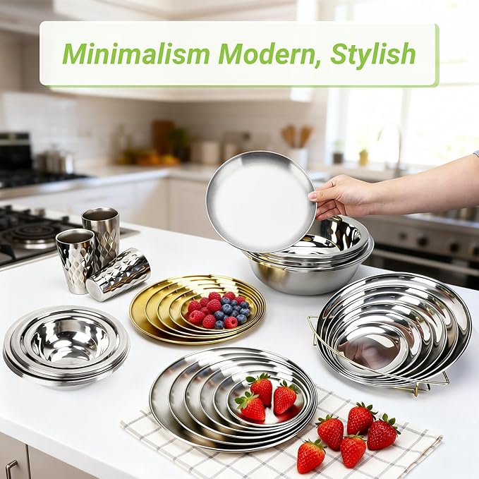 8 Stainless Steel Plates 7.8 inch Small 201 Metal Camping Plate Reusable Food Serving Dish Snack Eating Dishes Round Shatterproof Brushed Finish Silver Dish for Dinner Oven Dishwasher Safe