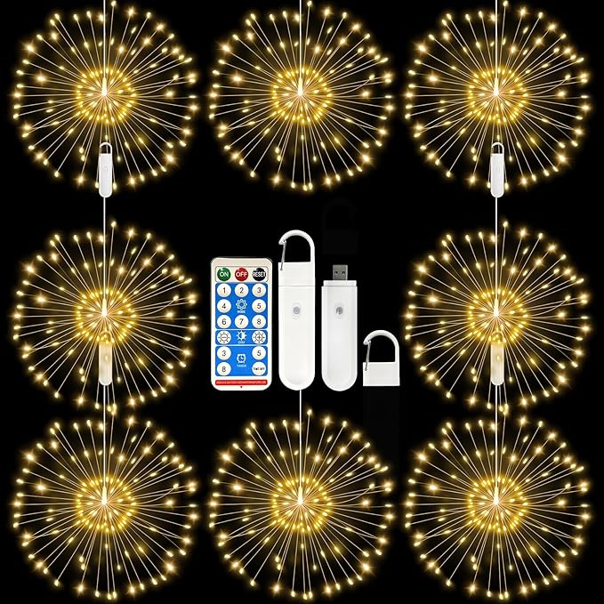 FOOING 8 Pack Firework Lights LED Hanging Christmas Lights 8 Modes USB Rechargeable Battery Operated Fairy Light with Remote Twinkle Star String Lights for Party Christmas Decoration Outdoor Indoor