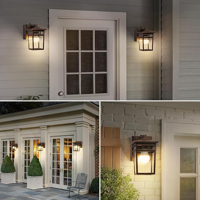 Porch Light with GFCI Outlet Dusk to Dawn Outdoor Lighting with Aluminum Frame and Clear Glass Shade Waterproof Wall Sconce Outside Lights for House Garage Front Door Bulb Included(Antique Bronze)