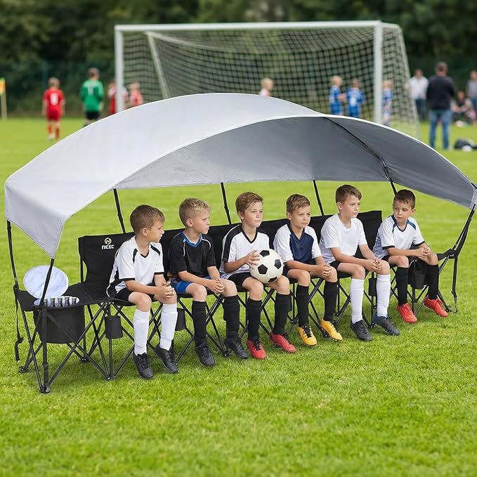 Nice C Portable Folding Bench with Canopy Soccer Team Bench with Sun Shade 6 Seat Fabric Outdoor Sports Chair for Adults with Cooler &amp Cup Holder for Football Basketball Camp Events (Black)