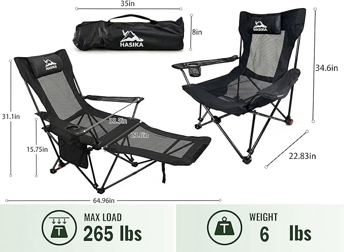 HASIKA Reclining Camping Chair with Footrest Ultra-Lightweight Portable Folding Lounge Chair for Outdoor Hiking Picnic Beach 4-Position Adjustable Back Support with Headrest &amp Carry Bag Black