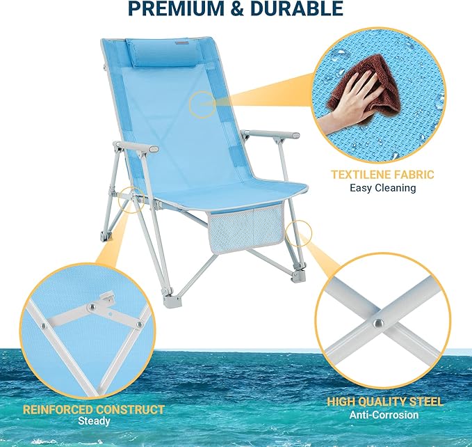 #WEJOY High Back Beach Chairs Portable Low Folding Beach Chair for Adults with ArmrestHeadrest for Outdoor Lawn Festival Sand Concert Travel BBQ300 LBS