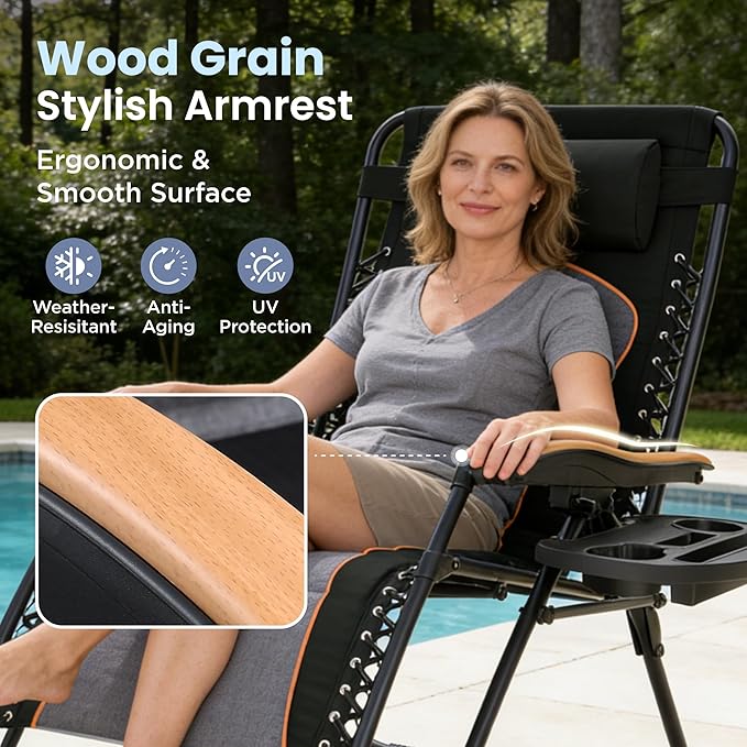 PHI VILLA XXL Oversized Padded Zero Gravity Chair Foldable Patio Recliner 30 Wide Seat Anti Gravity Lounger with Cup Holder Support 400 LBS (Black &amp Orange Accents)