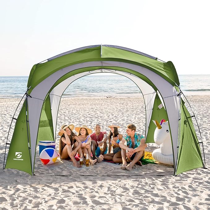 Beach Tent 12 X 12ft Large UPF50+ Pop Up Canopy with 2-Pcs Side Wall Sun Shelter Rainproof Waterproof for Camping Trips Backyard Fun Fishing Parties Or Picnics(Green)