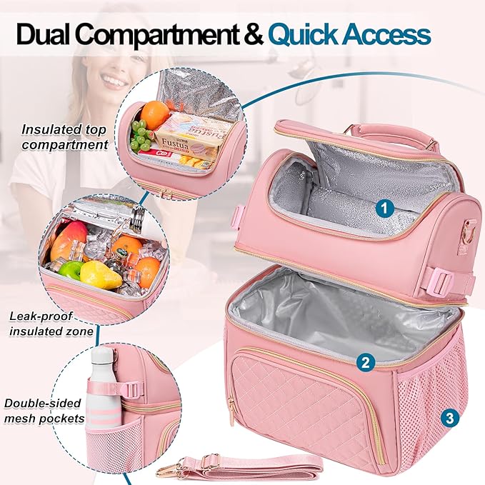 Lunch Bags for Women Dual Compartment Lunch Box Lunch Bag for Work Leakproof Lunch Cooler Large Insulated Lunchbox for Adult for Women Men Lunchbag for Picnic Beach (Pink)