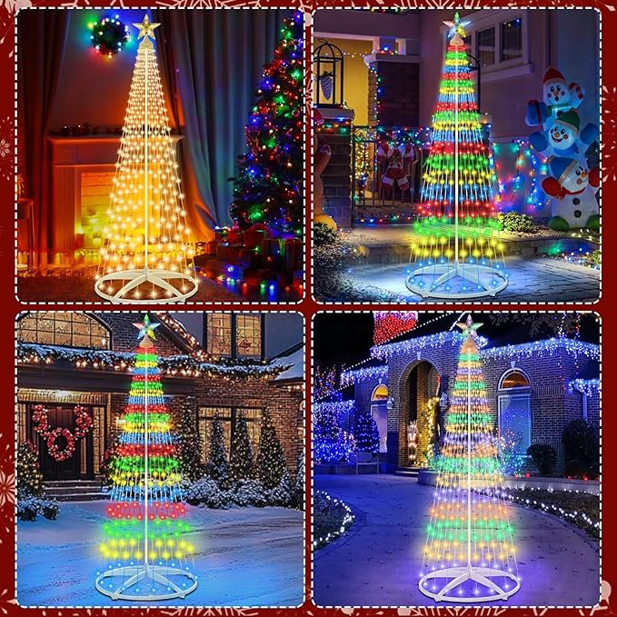 7.5Ft 312 LED Solar Christmas Cone Tree Lights with Star Topper Outdoor Christmas Tree with 11 Modes Timer Remote Dimmable Waterproof for Yard Holiday Christmas Decoration Warm White &amp Multico
