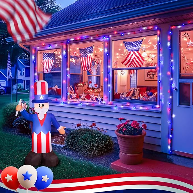 JMEXSUSS Red White and Blue Lights Outdoor Indoor 2 Pack 100 LED 4th of July String Lights Battery Operated Waterproof for Patriotic Decoration Outside House Garden Tree