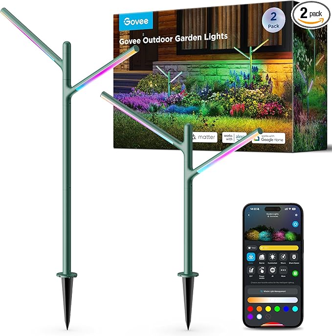 Govee Outdoor Garden Lights 2 Pack RGBWWIC IP66 Waterproof Pathway Lights 16 Million Colors 64 Scenes for Outdoor Decor Patio Landscape Lighting Compatible with Alexa Google Assistant Matter