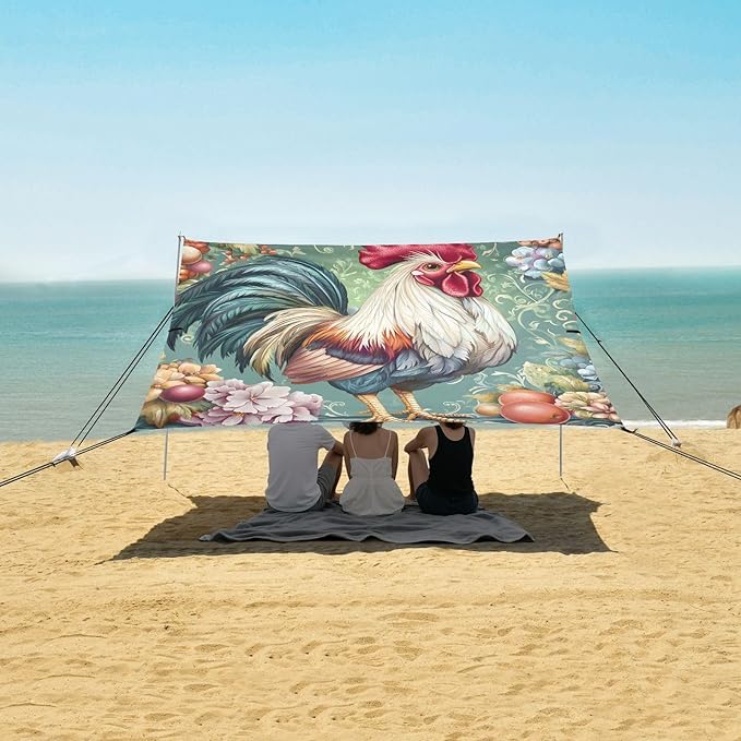 Beach Tent Sun Shelter Rooster Flower Vines Lightweight &amp Easy Setup Beach Shade Canopy for Camping Fishing