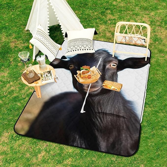 Zipper Cute Black Goat Animal Style Picnic Mat Suitable for Travel Camping Park Or Home Use