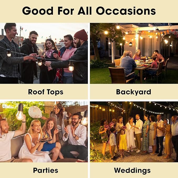 Holiday Lighting Outlet LED Outdoor Patio Lights | 46-Foot Hanging Outdoor String Lights | Includes 16 Dimmable 1.5 Watt Edison Filament Bulb Cafe Lights | Weatherproof Commercial Grade