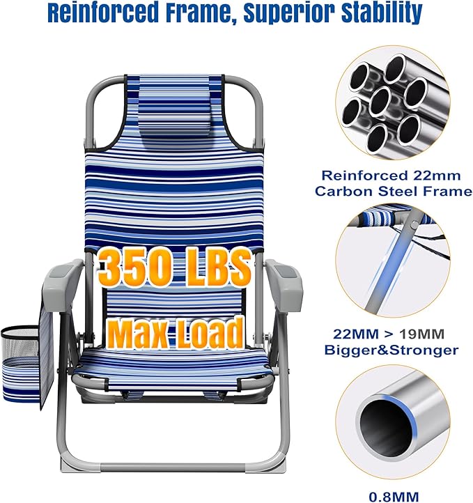 Lightweight Portable Beach Chair for Adults 350 LBS Capacity Backpack Beach Chair Reclining Beach Chair with 5-Position Lay Flat Large Cup Holder for Beach Camping Sports