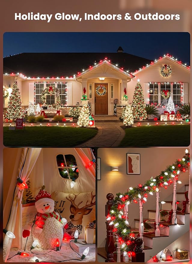 C9 LED Christmas Lights Outdoor with Stakes 25.7 Feet 20 LED C9 Strawberry String Lights Connectable Shatterproof Pathway Lights Marker for Path Lane Patio Xmas Holiday Decorations Red and White