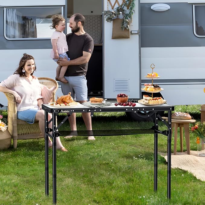 Anbte Folding Camping Table Aluminum Small Folding Table 3 Adjustable Height Max 27.5 Portable Table with Carry Handle Lightweight for Outdoor Indoor Travel Camping Picnic BBQ 34.6 x 15.7