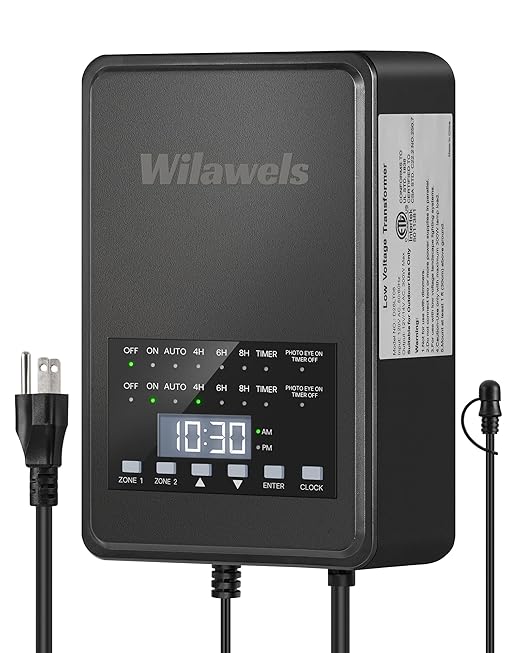 300W Low Voltage Landscape Transformer 2 Zone Independent Control 120VAC to 12/14V AC Low Voltage Transformer Landscape Lighting Transformer with Timer &amp Photocell Sensor ETL Listed D26LT06