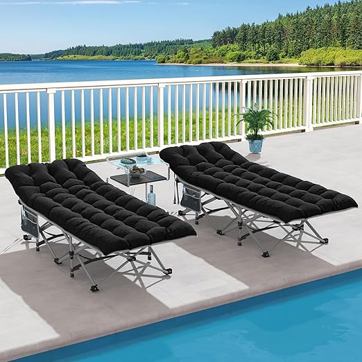 DWVO 2PCS Camping Cots Portable Recliner Lounge Chair w/Mattress Outdoor Folding Cot Heavy Duty 575 LB Capacity 1200D Oxford w/Carry Bag Travel Camp Bed for Camping Office Traveling Black