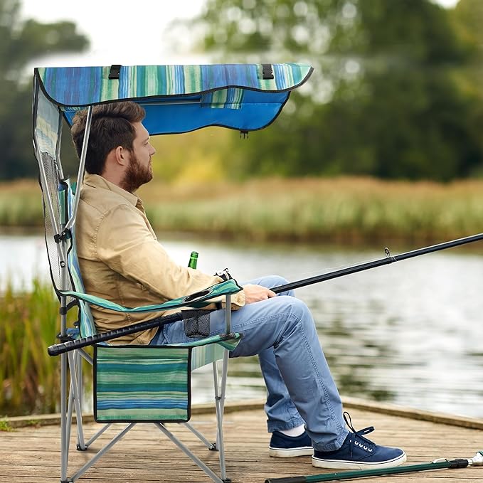 Elevon Camping Chair Oversized Folding Chair with Canopy Portable Outdoor Chair with Arms Cup Holder and Carry Bag for Camping Fishing Beach and Sports Turquoise