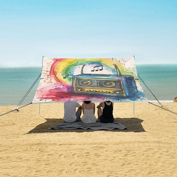 ALAZA Music Notes Radio Rainbow Beach Tent Sun Shelter UPF50+ Protection Beach Shade Canopy w/ 4 Sandbags for Outdoor Camping Fishing Backyard Fun Picnic 10x9 ft