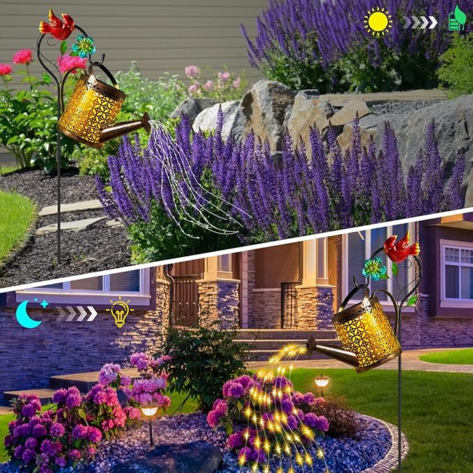 Mothers Day Gifts Solar Lights Outdoor Watering Can with Cascading Lights Watering Can with Hook Solar Lantern Gardening Decor for Yard Patio Gardening Gifts for Mom Grandma Women (2 Pack)