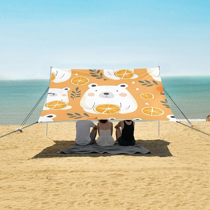 Cartoon White Bear and Orange Camping Sun Shelter Beach Tent Portable Beach Sun Shade Outdoor Canopy for Camping Trips Fishing Picnic