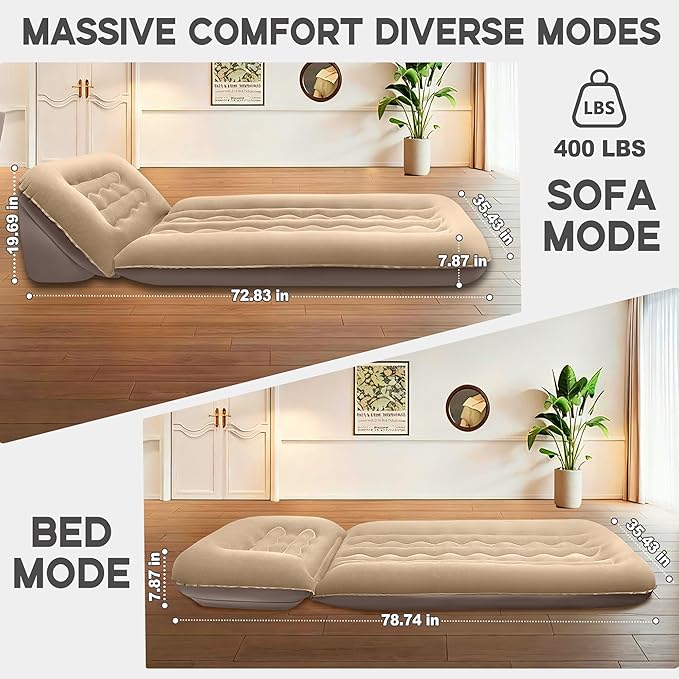 Luxfero Inflatable Couch for Camping Air Mattress with Adjustable Backrest Blow Up Couch for Adults with Flocked Surface Portable Inflatable Lounge Chair Air Sofa Bed for Indoor/Outdoor-No Pump