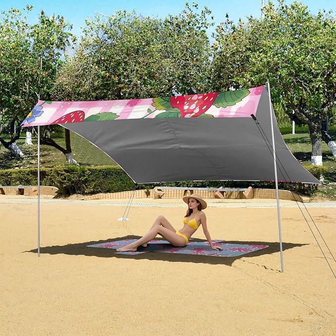 Strawberry Pattern Beach Tent Sun Shelter 9.2' x 10.5' Beach Canopy with 4 Sandbags 4 Stability Poles Sand Shovels - Tent Canopy for Beach Camping Fishing Picnics