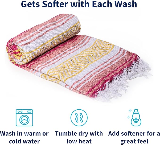 La Montana Mexican Blankets and Throws 4 Pack 74x50 - Made in Mexico Lightweight Yoga Blanket for Schools Studios Outdoors Camping Picnic Decor - Machine Washable Coral/Melon/Yellow/White