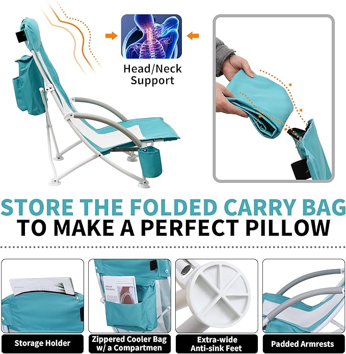 Beach Chair Beach Folding Chair for Adults Camping Chair High Back with Umbrella and Cooler Bag Huge Shade Portable &amp Lightweight for Beach Outdoor Camping (2 Bright Blue w/Hint Green)