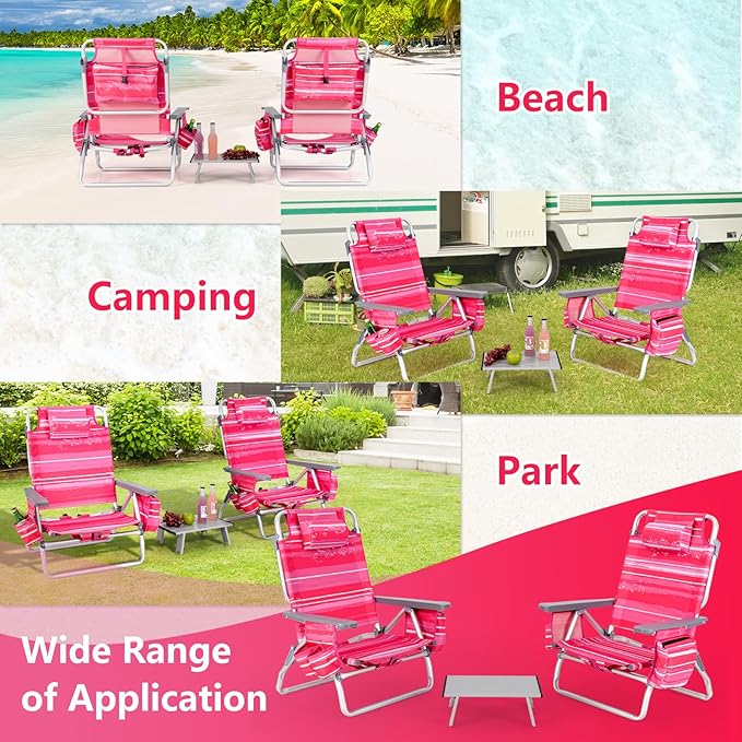 Giantex Folding Beach Chair Patio Sling Chairs with 5 Adjustable Position Head Pillow Storage Bag Towel Bar Cup Holders Backpack Chairs for Sunbathing Camping Chair