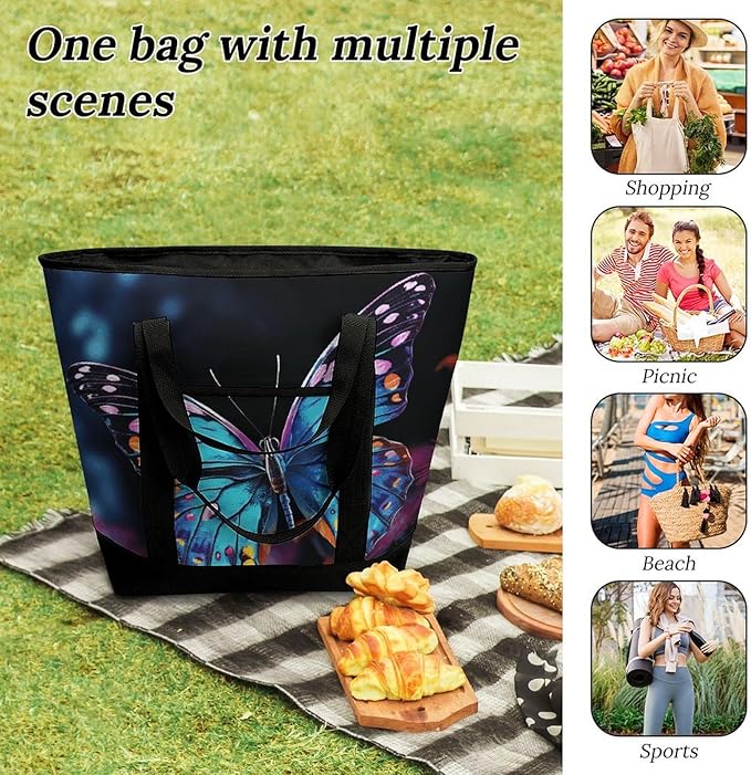 Insulated Shopping BagLarge Reusable Cooler Bags Charming Butterfly Printed Foldable Shopping BagTravel Waterproof Shoulder Bag