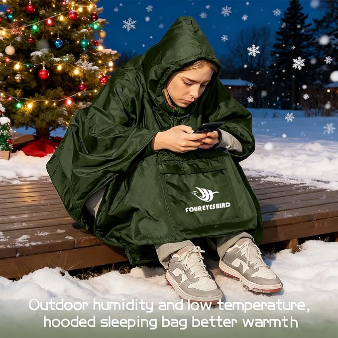 Wearable Hooded Poncho Sleeping Bag Water Resistant Windproof 2 in 1 Spring Poncho Blanket for Camping Hikes